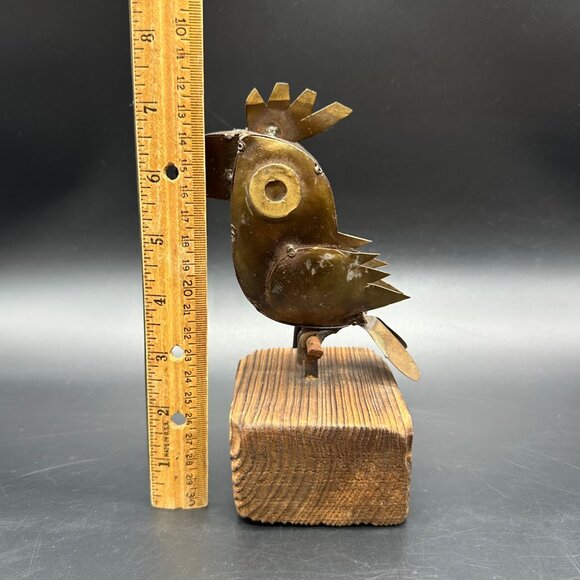 Brutalist Metal Parrot Bird Figurine Wood Statue Mixed Medium Art Brown Retro - Picture 11 of 11